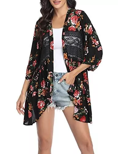Hotouch Strickjacken Hotouch Damen Strickjacke Cardigan Lang Strickmantel für Damen Kurz 3/4 Ärmel Strandtunika Beachwear Bikini Cover Up S-XXL