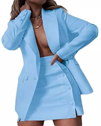 Osheoiso Kostüme Osheoiso 2 Teiliger Damen Business Blazer mit Kurzem Anzug Rock Anzug Zweiteiler Elegant Einfarbig Anzug Set Langarm Kleine Sommer Leicht Mantel Blazerjacke