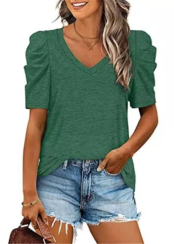 ASKSA T-Shirts ASKSA Damen T-Shirt Sommer V-Ausschnitt Bluse Lässige Tunika Tops Puffärmel Shirts Einfarbig Oberteil