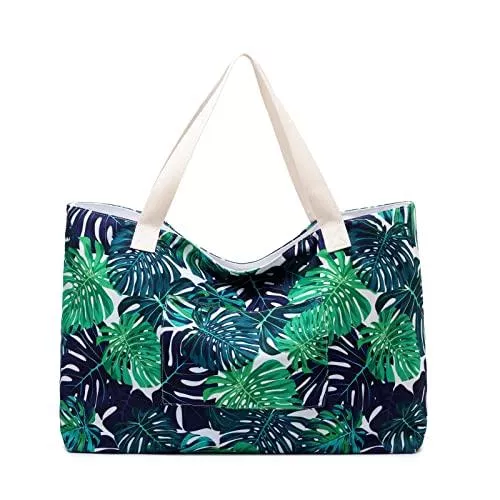 JANSBEN Taschen & Rucksäcke Für größere Ansicht Maus über das Bild ziehen JANSBEN Große Strandtasche mit Reißverschluss Badetasche XXL Shopper Schultertasche Beach Bag fur Damen Herren (Monstera Leaf)