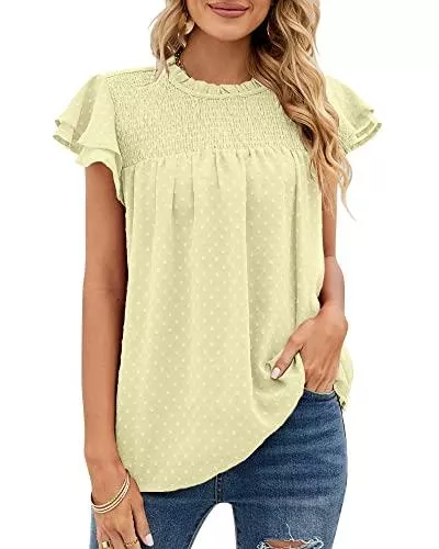 Bequemer Laden Kurzarmblusen Bequemer Laden Damen Sommer Casual Rundhals Kurzarm Tshirt Elegant Swiss Dot Oberteile Rüschen Bluse Top T Shirt Hemdbluse