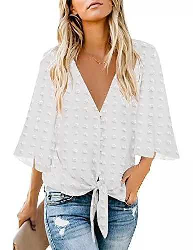 Roskiky Kurzarmblusen Roskiky Damen Bluse Chiffon Elegant V-Ausschnitt Bell Sleeve Fledermausärmel Oberteile Hemd Loose Tops mit 3 4 Arm