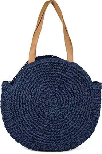 styleBREAKER Taschen & Rucksäcke styleBREAKER runde Korbflecht Schultertasche, Strandtasche mit Langen Henkeln, Flechttasche, Tasche geflochten, Shopper, Damen 02012232, Farbe:Dunkelblau
