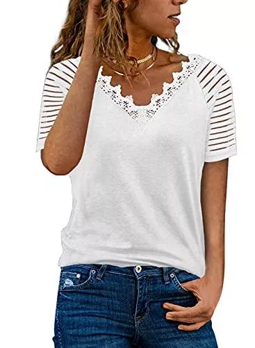 Dokotoo T-Shirts Dokotoo Damen Oberteile Streifen Mesh Langarmshirt Casual V-Ausschnitt Bluse Shirt Tops S-XXL