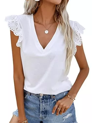SheIn Kurzarmblusen SheIn Damen Sommer Bluse mit Öse Stickereien Kurzarm Elegant Oberteil Tunika V-Neck Reines Casualshirts