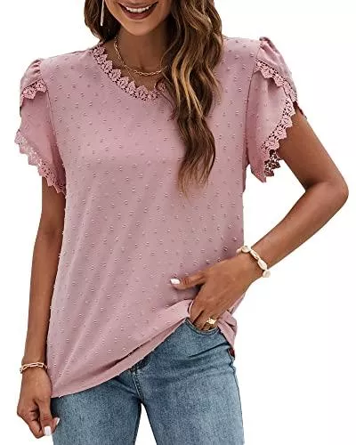 FCSONU Kurzarmblusen FCSONU Damen Sommer Blütenblatt Kurzarm Tops V-Ausschnitt Lässig Häkeln Spitze Oberteile Bluse Hemd Swiss Dot T Shirt