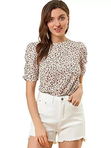 Allegra K Kurzarmblusen Allegra K Damen Kurzarm Rundhals Colorblock Blumen Top Bluse
