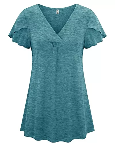 Moyabo T-Shirts Moyabo Damen Falten Kurzarm Bluse V Ausschnitt Solide Tunika Rüschen Sommer Basic Oberteil