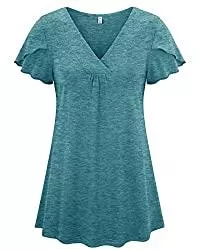 Moyabo T-Shirts Moyabo Damen Falten Kurzarm Bluse V Ausschnitt Solide Tunika Rüschen Sommer Basic Oberteil