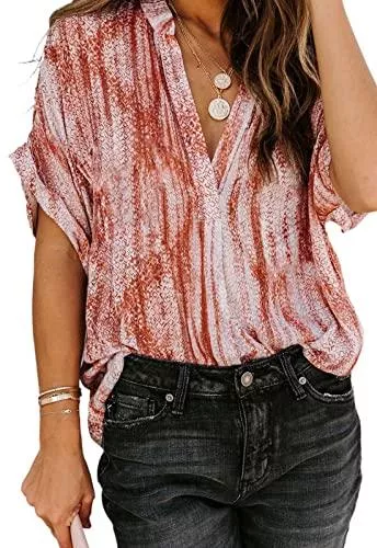 ANCAPELION Kurzarmblusen ANCAPELION Damen Sommer Bluse Fashion Tuniken Hemd Kurzarm Shirt Casual Oberteile Lose Fit Top V-Ausschnitt Tunika für Frauen