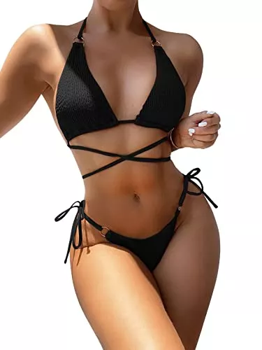 SheIn Sandalen & Slides SheIn Damen Bikini Sets Neckholder Swimwear Hoher Ausschnitt Tanga High Waist Bademode Zweiteiliger Swimsuits mit Ring