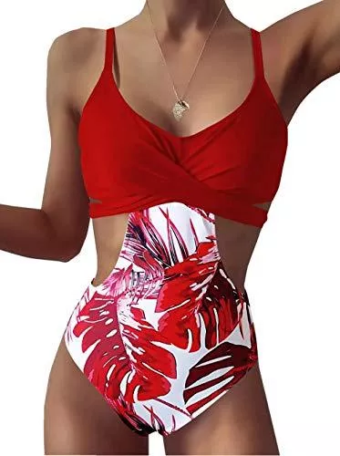 ZIYYOOHY Bademode ZIYYOOHY Damen Einteiliger Badeanzug Monokinis V-Ausschnitt Kreuz Raffung Bauchweg Einteilige Bademode Swimsuit