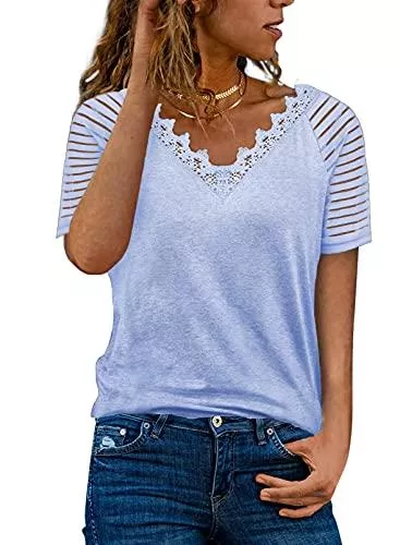 Dokotoo T-Shirts Dokotoo Damen Oberteile Streifen Mesh Langarmshirt Casual V-Ausschnitt Bluse Shirt Tops S-XXL
