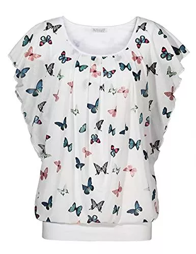 BAISHENGGT Kurzarmblusen BAISHENGGT Damen Falten Kurzarm Tunika Batwing Rundkragen Bluse