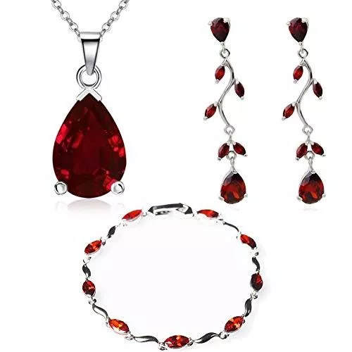 Crystalline Azuria Schmuck Crystalline Azuria Tropfenform Schmuck-Set mit Rot Zirkonia Kristalle Halskette 45 cm Ohrhänger Ohrringe Armband 18 kt Weiß Vergoldet