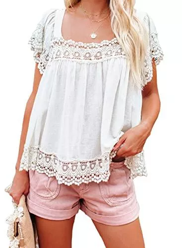 Jolicloth Kurzarmblusen Jolicloth Bluse Damen Sommer Rückenfrei Blusehemd Casual Kurzarm Shirt Oberteil für Freizeit Strand S-XXL