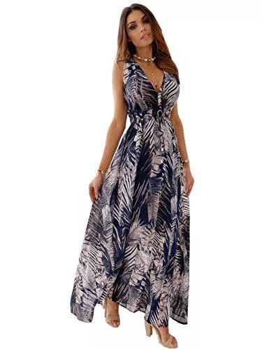MOCEAL Freizeit MOCEAL V Ausschnitt Kleid Damen Sommerkleider Böhmisch Kleid Halfter Ärmellos Blumenkleid Strandkleid Lang Kleider MaxiKleid Cocktailkleid