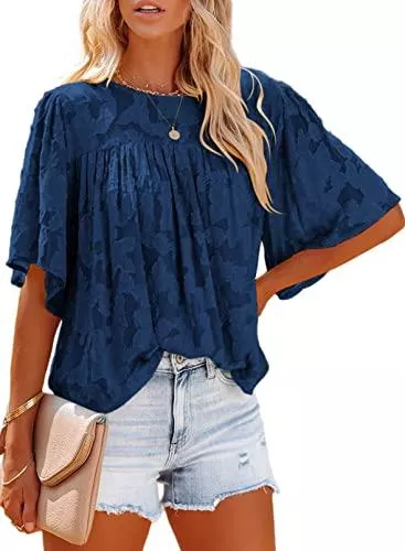 Uusollecy Kurzarmblusen Uusollecy Damen Bluse Sommer, Rundhals Glockenärmel Floral Strukturiert Chiffonbluse Babydoll, Einfarbig Lose Vintage Kurzarm Tunika Spitzenblusen Oberteile Tops