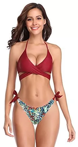 SHEKINI Bademode SHEKINI Damen Bikini Set Bikini Panty Push up BH Verstellbar Crossover Ties-up Neckholder Bikinioberteil Zweiteiliger Badeanzug Triangel Gedruckt Niedrige Taille Sport Slip Bikinihose Strandkleidung