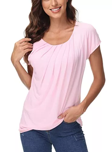 FLEASEE Kurzarmblusen FLEASEE Damen T-Shirt Sommer Falten Bluse Batwing Rundkragen Tunika Chiffonbluse Oberteil Top Casual Loose Fit