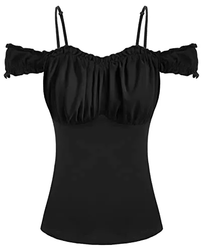 SCARLET DARKNESS Kurzarmblusen SCARLET DARKNESS Damen Mittelalter Bluse Kurze Ärmel mit Rüschenhals Tops