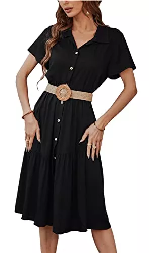 Jiraewh Freizeit Jiraewh Sommerkleid Damen Casual Kurzarm V-Ausschnitt Knopf High Waist Einfarbig Knielang Hemdkleid mit Gürtel