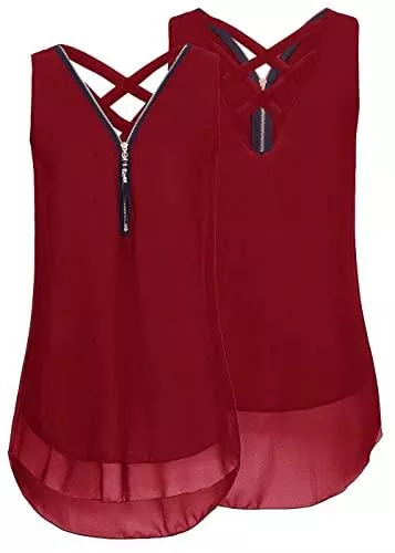 Hiistandd Ärmellose Blusen Damen T-Shirt Sommer Chiffon Bluse mit Reißverschluss Vorne V-Ausschnitt Tops