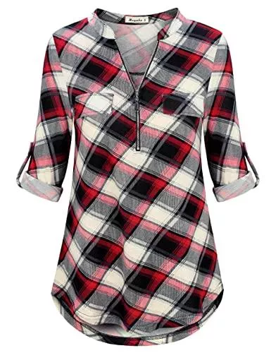 Moyabo Langarmblusen Moyabo Damen V-Ausschnitt Karrierte Bluse,3/4 äRmel Tunika ReißVerschluss Langshirt Langarm Hemd Lässiger T-Shirt Oberteile Tunika Tops