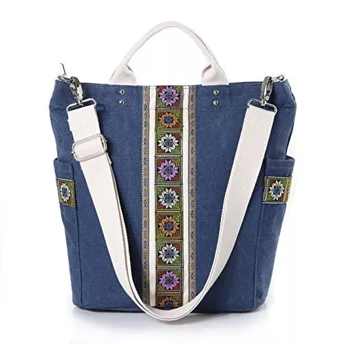 Fashion Modern WORLDLYDA Taschen & Rucksäcke Worldlyda Damen Canvas Tote Retro Hobo Purse Crossbody Umhängetasche Multi Pocket Casual Top Handle Handtasche Stickerei Ethnic