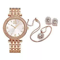 SK SHENGKE Uhren Damenuhren-Sets Quarz-Armbanduhren mit Roségold Ohrring und Halskette 3 Sets Valentinstag Damen Uhr