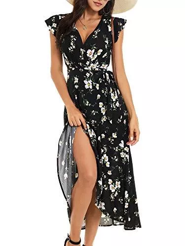 MSBASIC Freizeit MSBASIC Sommerkleid Damen Maxikleid Sommer Kleider Blumen Kleid mit Schlitz Kurzarm Strandkleid Damen Lang Partykleid V-Ausschnitt Wickelkleid mit Gürtel