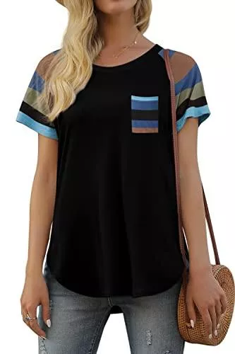 Zapisane T-Shirts Zapisane Damen T-Shirt Kurzarm Oberteile Rundhals Farbblock Casual Tops Basic Tshirts