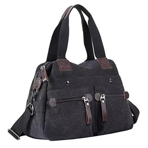 Eshow Taschen & Rucksäcke Eshow Damen Umhängetasche Handtasche Schultertasche Canvas Segeltuch mit Handgriff Anti diebstahl Fächern Schwarz zu Einkaufen spazieren (Hellschwarz)