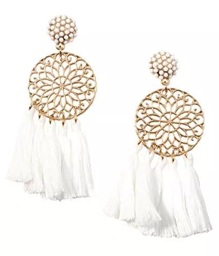 Happiness Boutique Schmuck Happiness Boutique Damen Statement Ohrringe mit Quasten in Weiß | Quastenohrringe Mandala Design in Goldfarbe