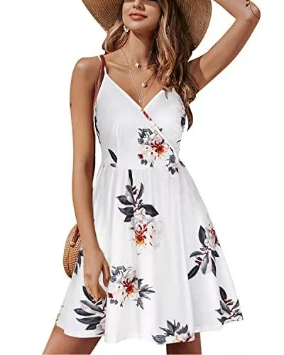 STYLEWORD Freizeit STYLEWORD Damen V-Ausschnitt Ärmellos Blumen Sommerkleid Swing Kleid Verstellbaren Spagettiträgern Trägerkleid Midikleid Strandkleid mit Taschen