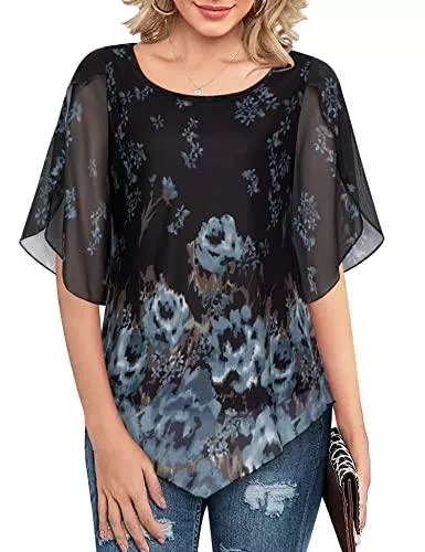 Gaharu Kurzarmblusen Gaharu Tunika Damen Halbarm Elegant Doppellagige Bluse Rundhals Mesh Fließende Shirts Weite Ärmel Oberteile