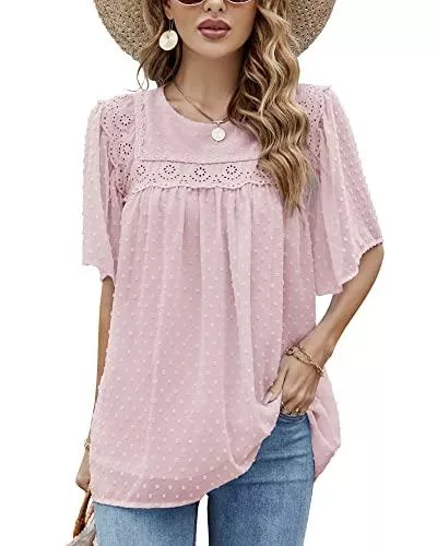 Bequemer Laden Kurzarmblusen Bequemer Laden Damen Sommer Casual Kurzarm Rundhals Tshirt Elegant Spitze Bluse Swiss Dot Babydoll Oberteile Tunika Tops