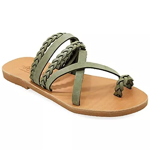 EMMANUELA handcrafted for you Sandalen & Slides Emmanuela Greek Style Sandalen mit geflochtenen Teilen, hochwertige handgemachte Leder Zehenring flache Sandalen, Slide on Sommerschuhe für Damen, Boho Chic Slider Sandalen