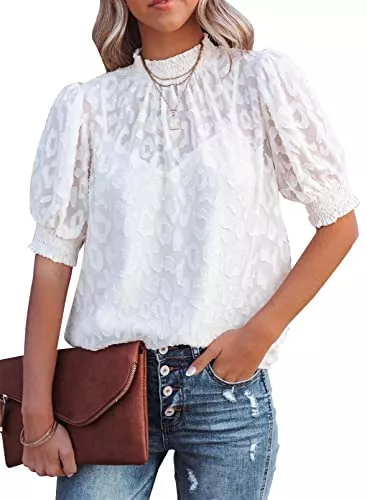 Elegancity Kurzarmblusen Elegancity Bluse Damen Elegant Spitze Hemd mit Puffärmel Kurzarm Sommerbluse mit Stehkragen Zweiteilig S-XXL