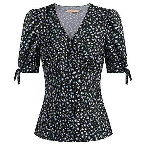 Belle Poque Kurzarmblusen Belle Poque Damen Kurzarm Casual Oberteil Basic Tops Sommer Bluse Vintage Hemd T-Shirt