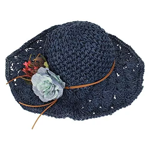 Milya Hüte & Mützen Milya Stroh Faltbarer Sonnenhut mit Breiter Krempe Blumen Strohhut Sommerhut Damenhut Sommer Hut - Ideal für Urlaub am Strand