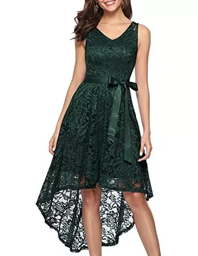BeryLove Cocktail BeryLove Damen Spitzen Vokuhila Cocktailkleid V Ausschnitt Ärmellos Elegant Brautjungfernkleid Partykleid