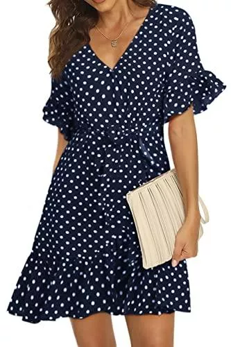 Hormtaer Freizeit Hormtaer Sommerkleid Damen Kurzarm V-Ausschnitt Elegant Minikleid Strandkleid Knopfleiste Polka Dot Kurze Freizeitkleider mit Gürtel