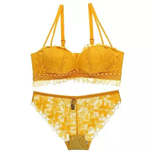 WHSS Unterwäsche & Dessous WHSS Dessous-Sets Damen Unterwäsche Set Deep V gerafft Sexy Spitze BH ohne Stahlring Vier Reihen von drei Schnallen (Farbe: Gelb, Größe: 80B=34B=75B)