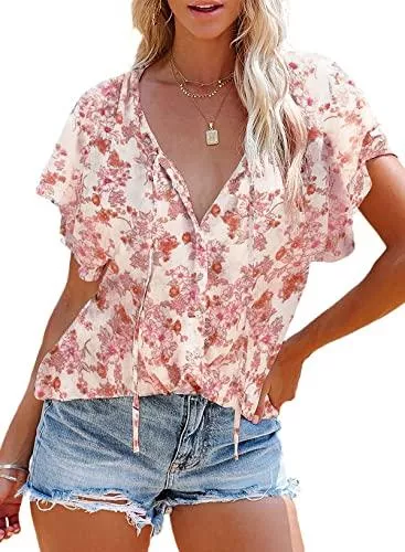 Dokotoo Kurzarmblusen Dokotoo Damen Bluse Sommer Blumen Kurzarm Tunika Boho Lose V-Ausschnitt Oberteile T-Shirt Tops S-2XL
