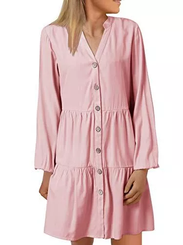 YOINS Freizeit YOINS Damen Kleider Blusenkleid Elegant Longshirt V-Ausschnitt 1/2 Ärmel Hemdkleid Kurze Minikleid mit Knöpfe