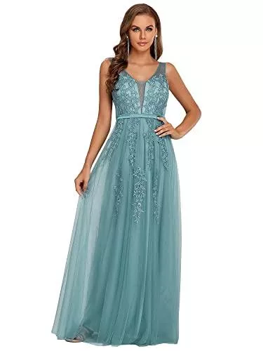 Ever-Pretty Abendkleider Ever-Pretty Damen Ärmellos Tüll A-Linie mit Applique Bodenlang Brautjungfernkleider EP07543