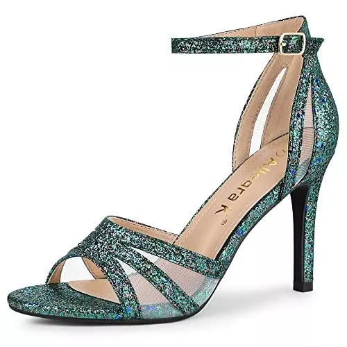 Allegra K Sandalen & Slides Allegra K Damen Peep Toe Stiletto Panel Netz Metallic Glitzer Ankle Strap Sandalen