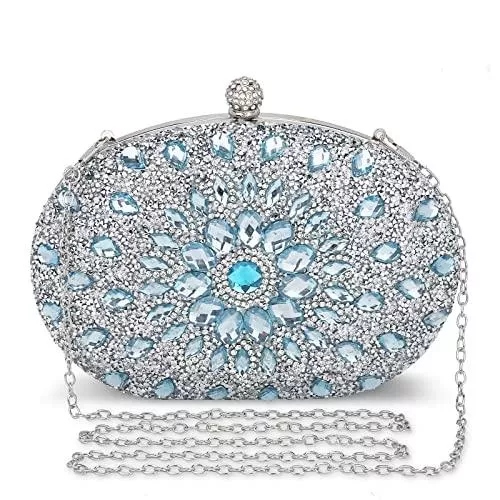 UBORSE Taschen & Rucksäcke UBORSE Clutch Blau Desigual Tasche Kleine Glitzer Diamant Handtasche Blau Umhängetasche Ketten Schultertasche Damen Abendtasche für Hochzeit Party Disko
