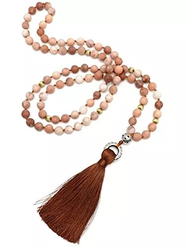 BENAVA Schmuck BENAVA Damen Quasten Kette aus Aventurin Edelstein Perlen | Lange Edelsteinkette mit Kupfer Anhänger und Quaste | Rosenkranz Gebetskette Rosa | Boho Women Necklace Jewelry Collier